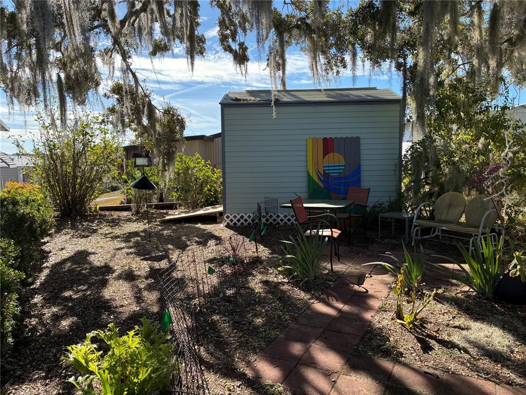 A backyard features a shed with a colorful mural, patio furniture, and a brick path — 3896 PICCIOLA ROAD UNIT 213, FRUITLAND PARK, FL