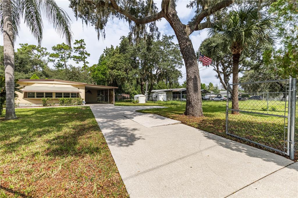 A concrete driveway leads to a single-story house with a carport and a chain-link fence — 35737 SHELLEY DRIVE, LEESBURG, FL