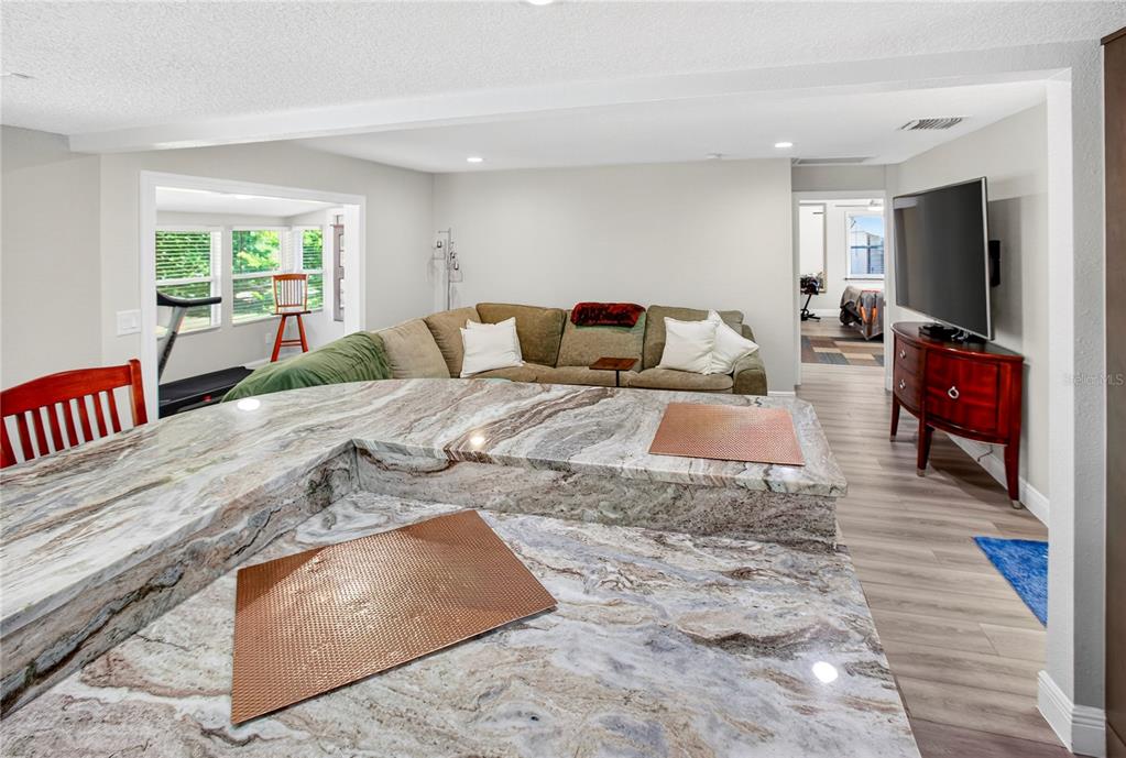 A kitchen island with a stone countertop overlooks a living area with a sectional sofa — 10627 MCINTOSH ROAD, THONOTOSASSA, FL