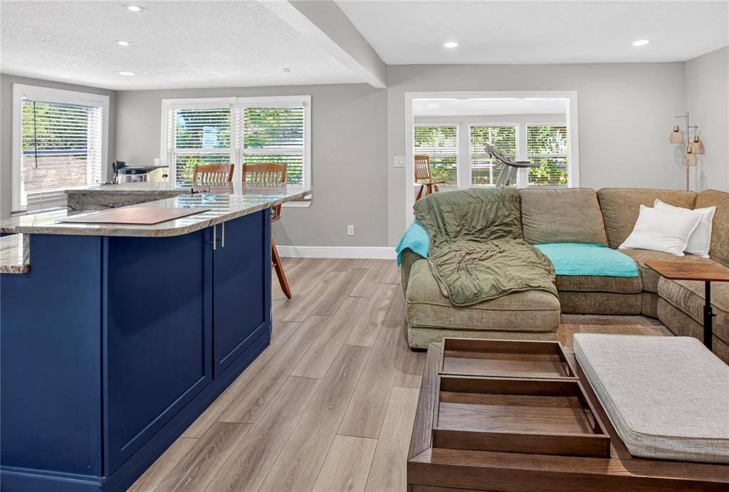 A kitchen island with a blue base sits in front of a living room area — 10627 MCINTOSH ROAD, THONOTOSASSA, FL