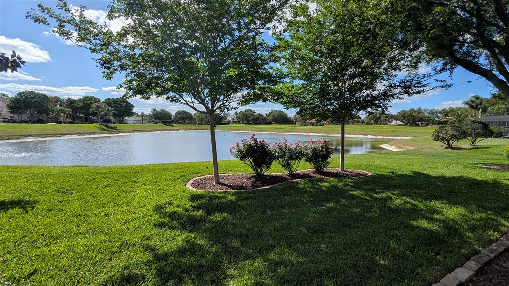 A grassy lawn leads to a small pond framed by two trees and rose bushes — 112 HALLSTROM COURT, DEBARY, FL