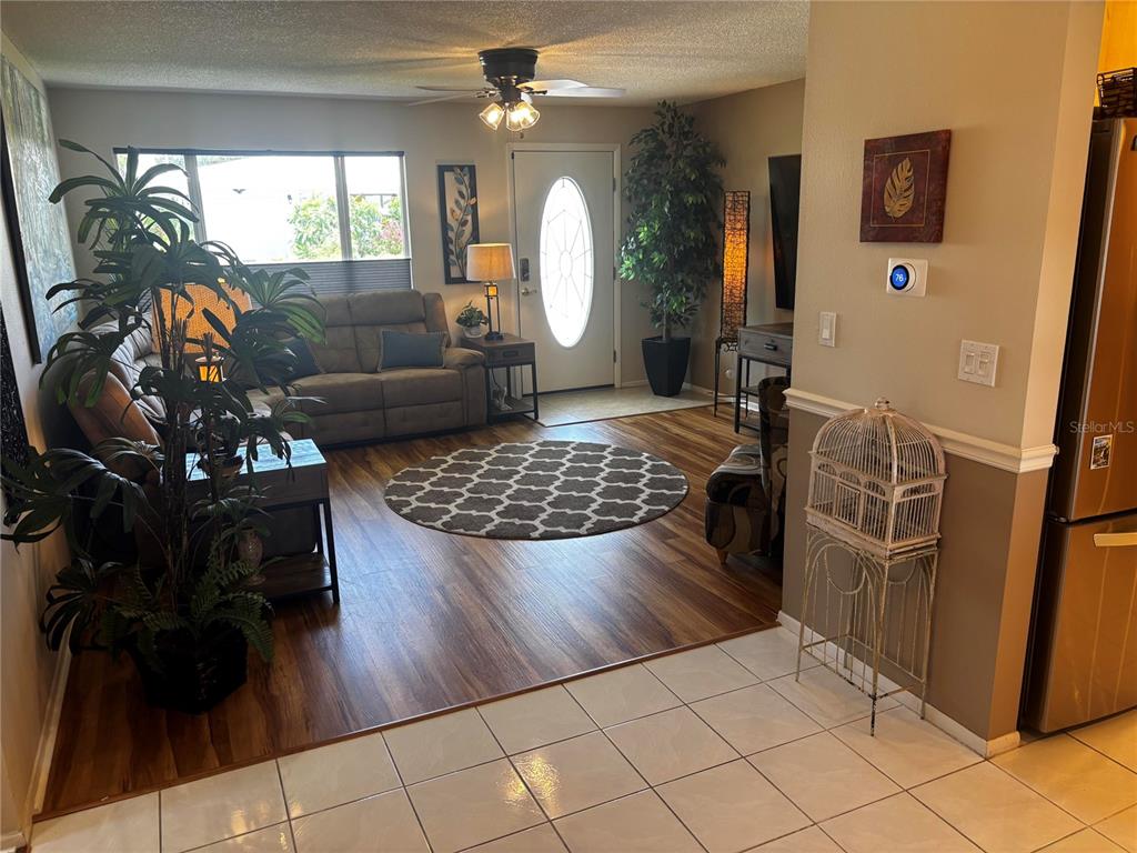 A living room features wood-look flooring, a circular rug, a ceiling fan, and a front door — 4172 100TH AVENUE N, PINELLAS PARK, FL