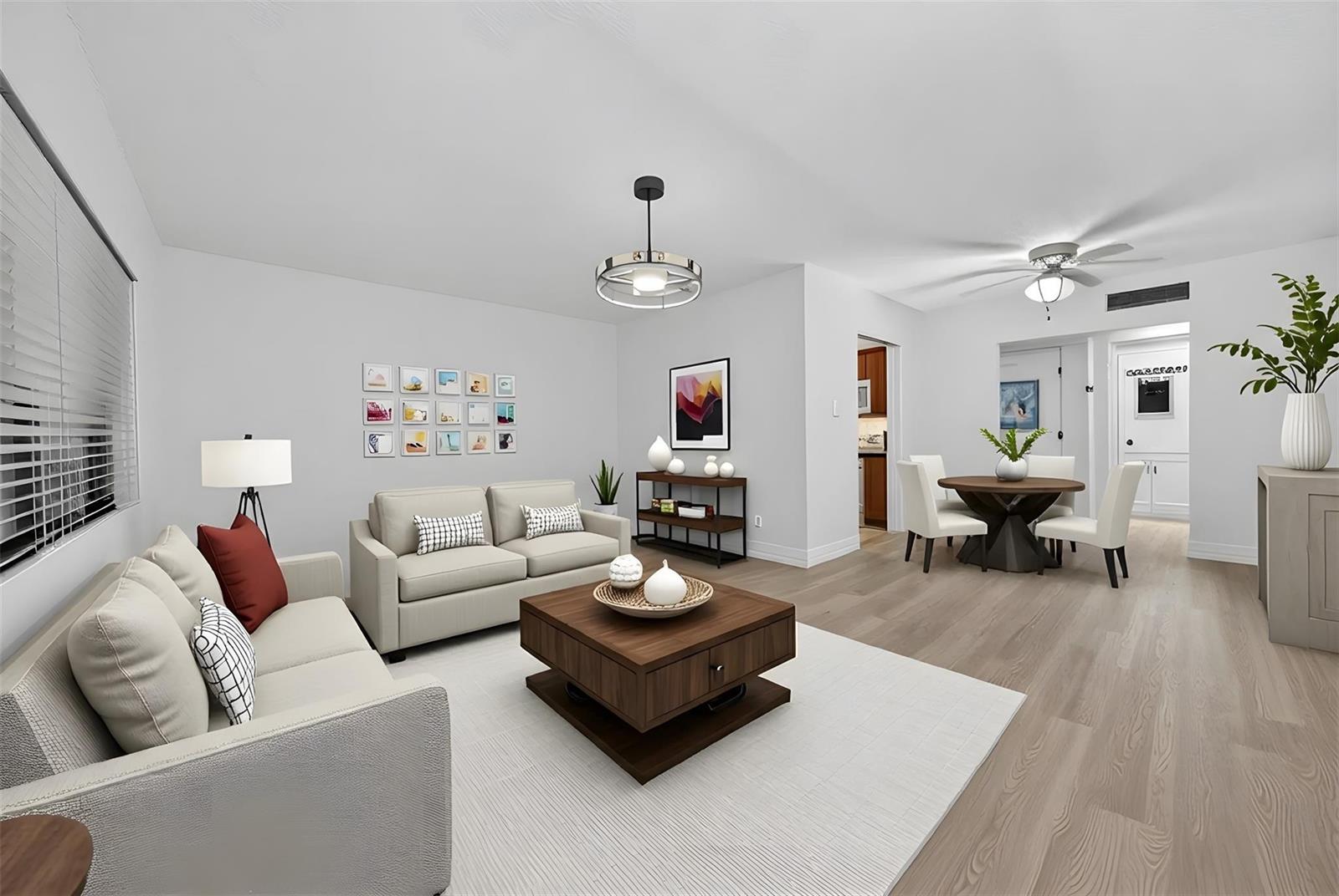 This is a digital rendering of a living room and dining area with light wood floors — 2201 NE 36th Street # 105, Lighthouse Point FL 33064, LIGHTHOUSE POINT, FL