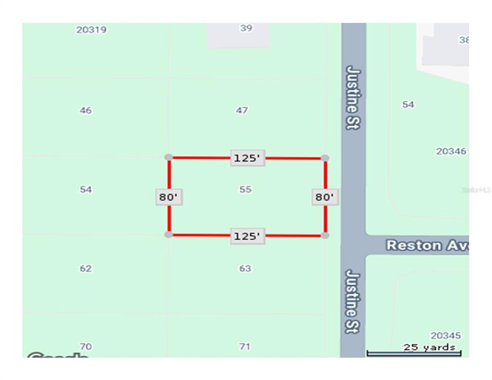 This is a map showing a rectangular property lot measuring 125 feet by 80 feet — 55 JUSTINE STREET, PORT CHARLOTTE, FL