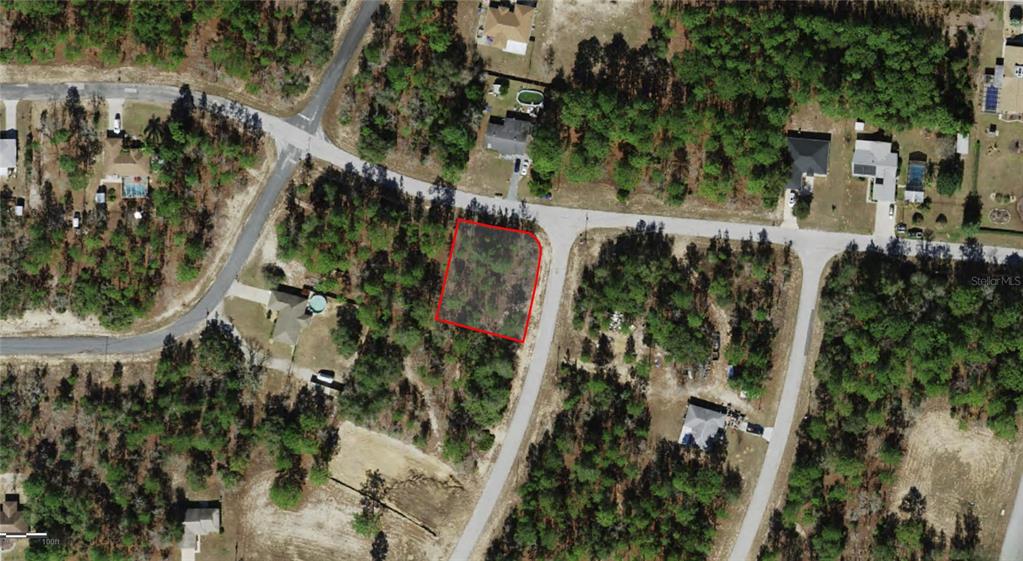An aerial view shows a vacant, wooded residential lot outlined in red at a street corner — 2551 W SHEILA DRIVE, CITRUS SPRINGS, FL