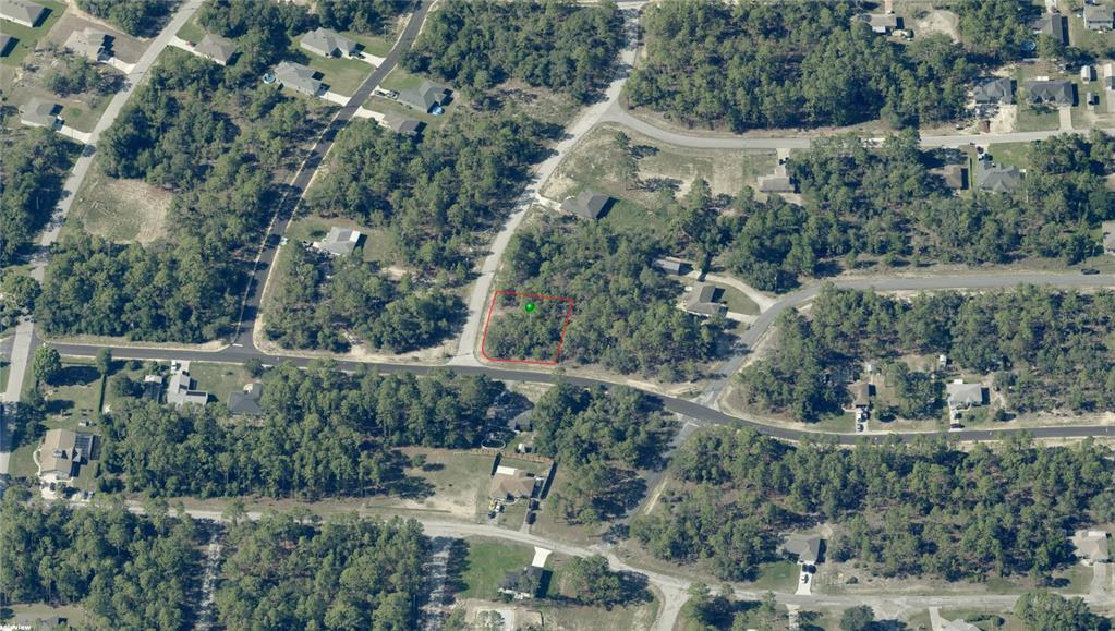 This aerial view shows a vacant, wooded residential lot outlined in red — 2551 W SHEILA DRIVE, CITRUS SPRINGS, FL