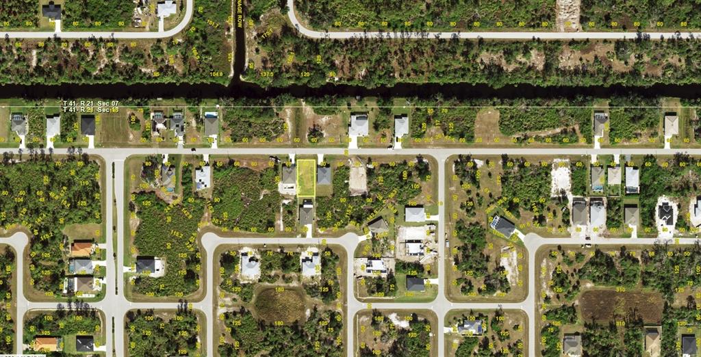 This is an aerial map view of a residential neighborhood highlighting a vacant lot — 201 BAYTREE DRIVE, ROTONDA WEST, FL