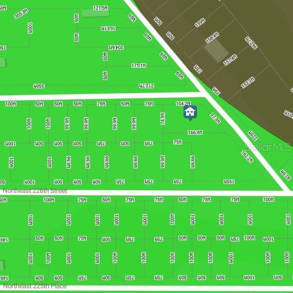 This is a digital map showing property lot lines and dimensions for a residential area — 0 NE 227TH STREET, FORT MC COY, FL