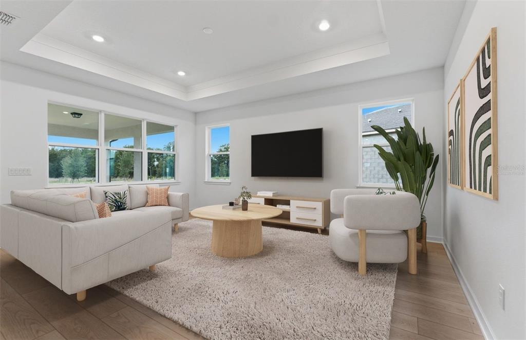 A bright living room features a tray ceiling, light wood flooring, and neutral furniture — 33456 HERDS HALLOW WAY, WESLEY CHAPEL, FL