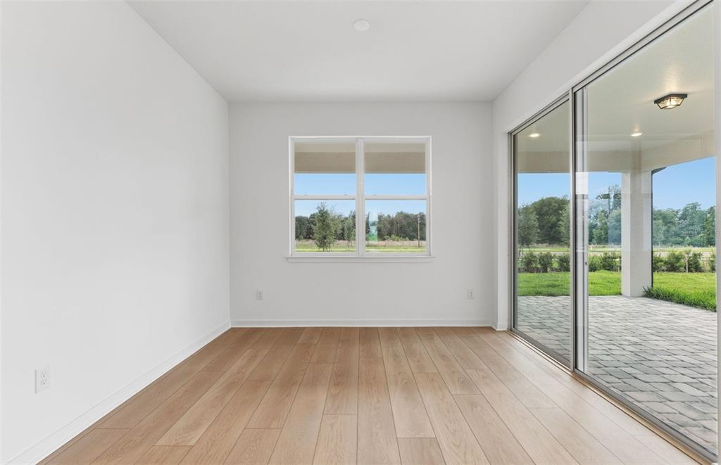 An empty room with light wood flooring, white walls, a window, and sliding glass doors — 33456 HERDS HALLOW WAY, WESLEY CHAPEL, FL