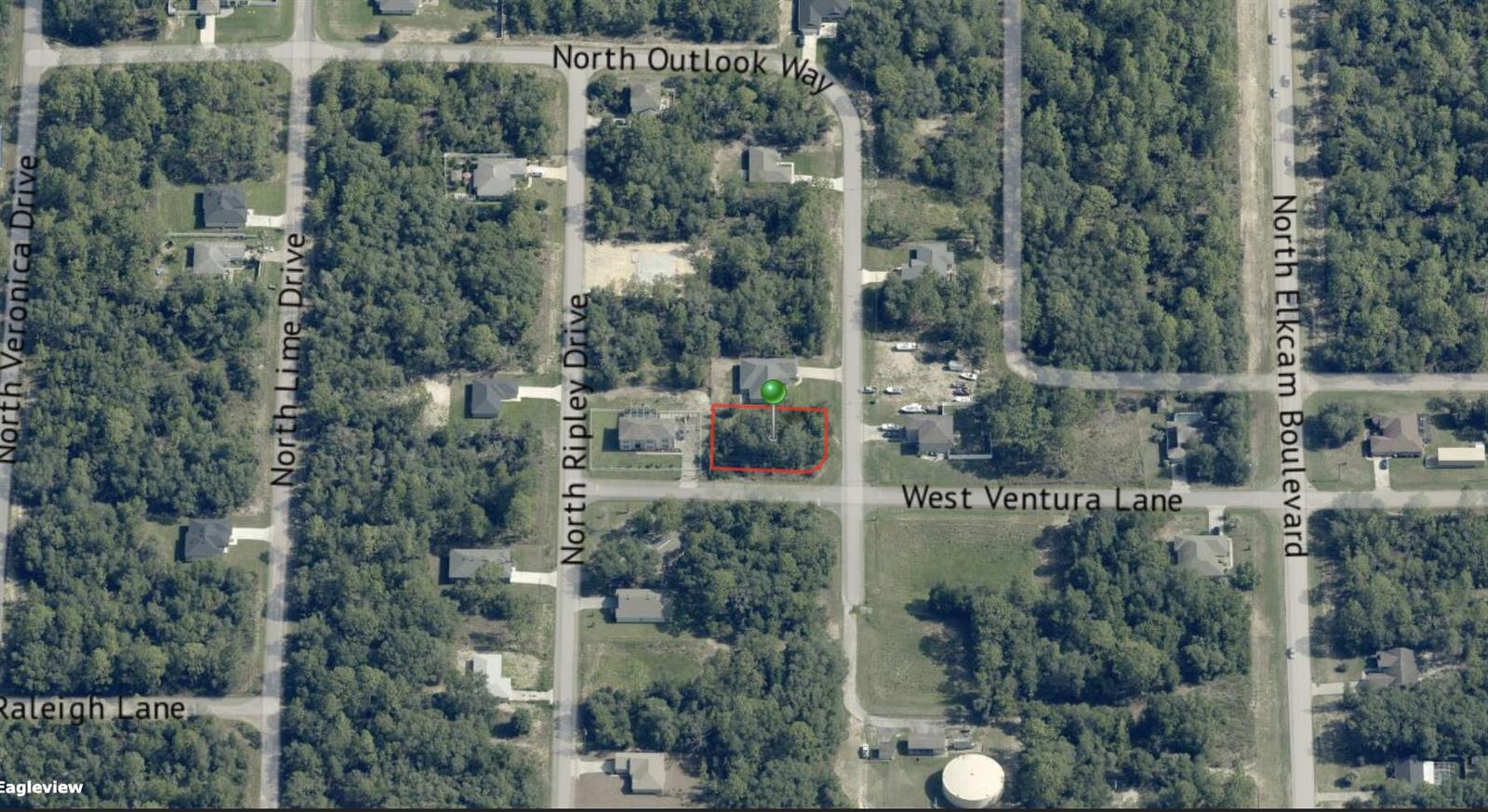 An aerial map view shows a vacant residential lot outlined in red on a corner — 7162 N Outlook Way, FL 34433, FL