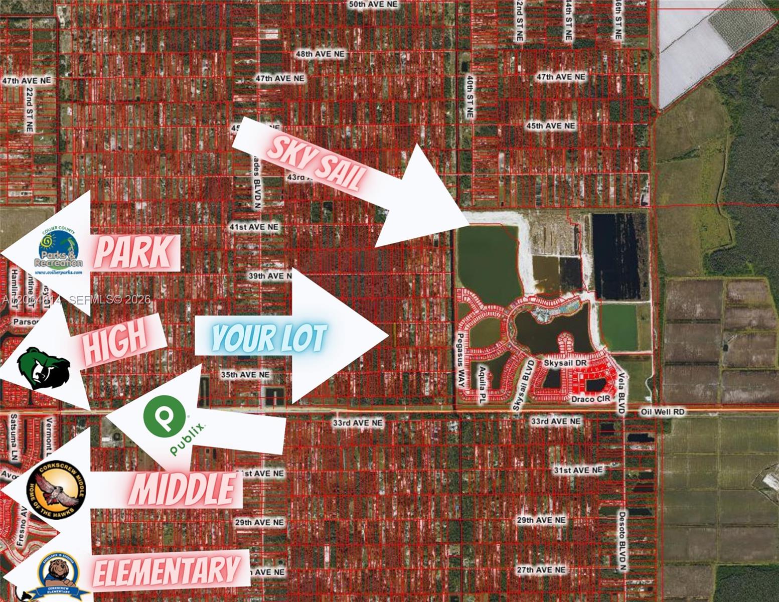 This map shows a residential area with arrows pointing to a specific lot, nearby schools, and amenities — XXX.37 TH AVE NE, Naples FL 34120, NAPLES, FL