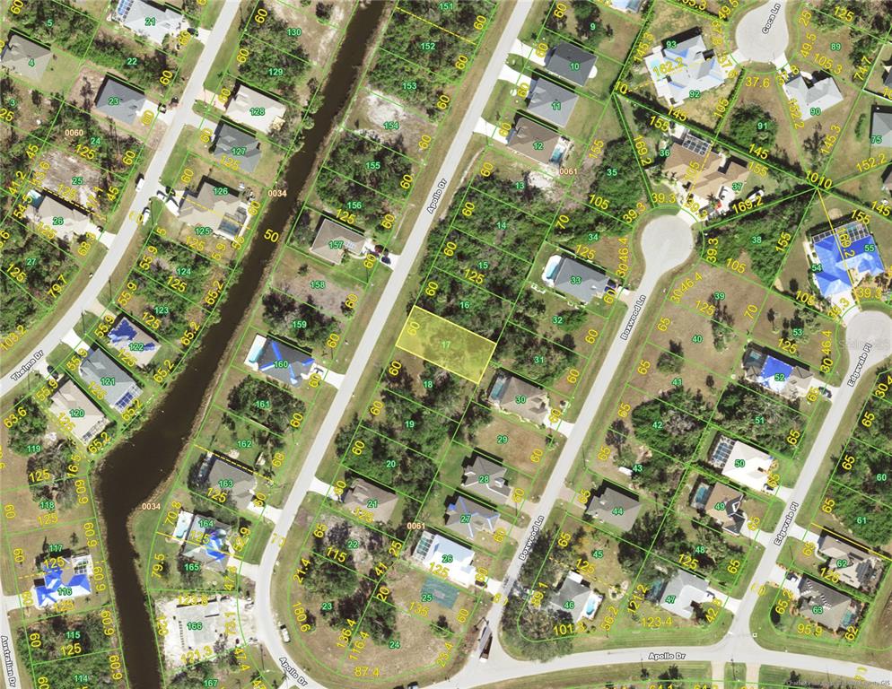 This is an aerial map showing residential lots and streets in a suburban neighborhood — 188 APOLLO DRIVE, ROTONDA WEST, FL