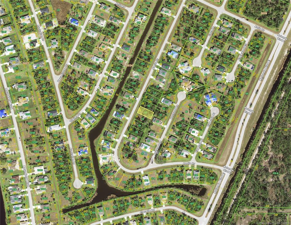 This is an aerial map showing residential lots and streets in a suburban neighborhood — 188 APOLLO DRIVE, ROTONDA WEST, FL