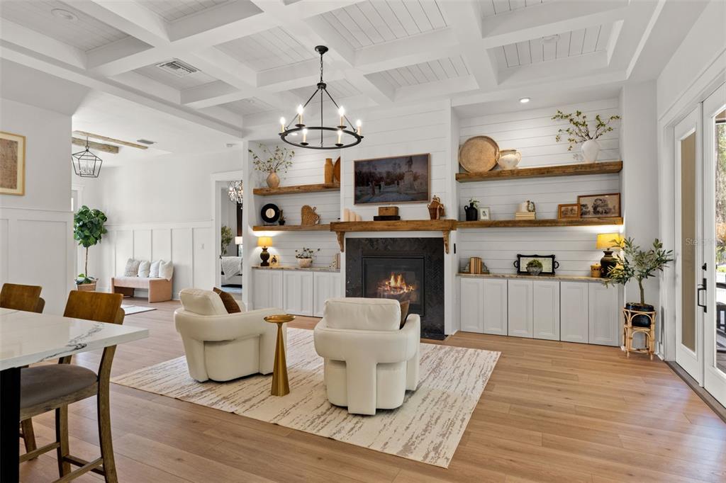 A living room features a fireplace, built-in shelving, white shiplap walls, and a coffered ceiling — 20085 ENGLISH WALNUT PLACE, BROOKSVILLE, FL