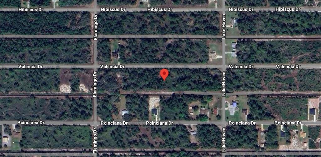 This is an aerial map view of a wooded residential lot marked with a red pin — 0 VALENCIA DRIVE, LAKE WALES, FL