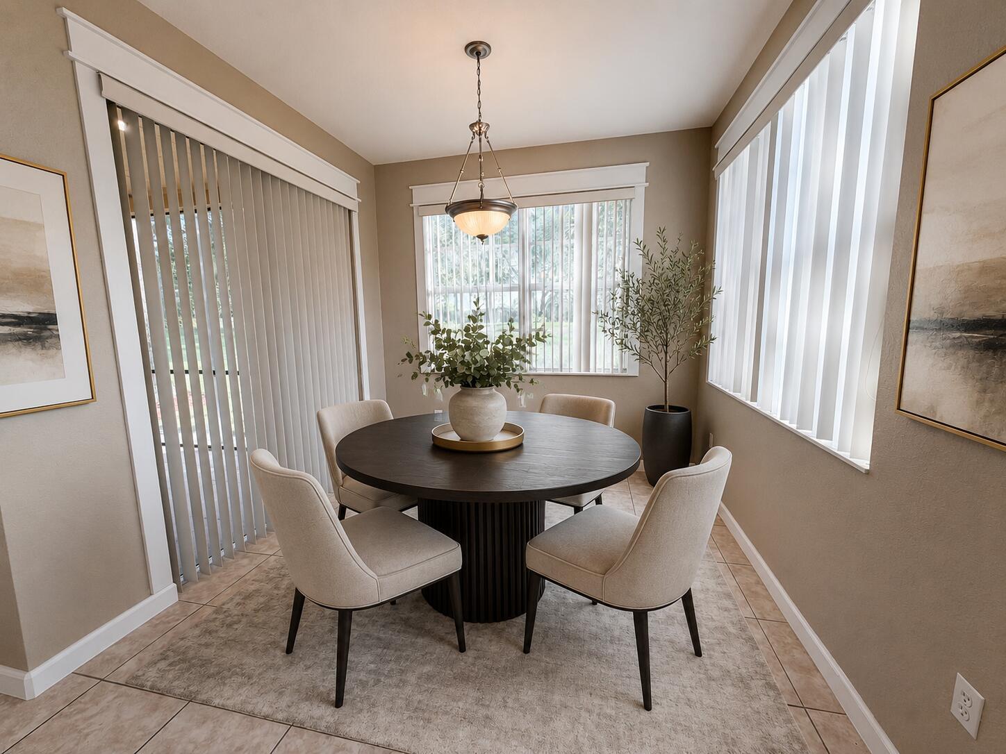 A dining room features a round dark wood table, four upholstered chairs, and vertical blinds — 7911 NW 128th Lane # c, Parkland FL 33076, PARKLAND, FL