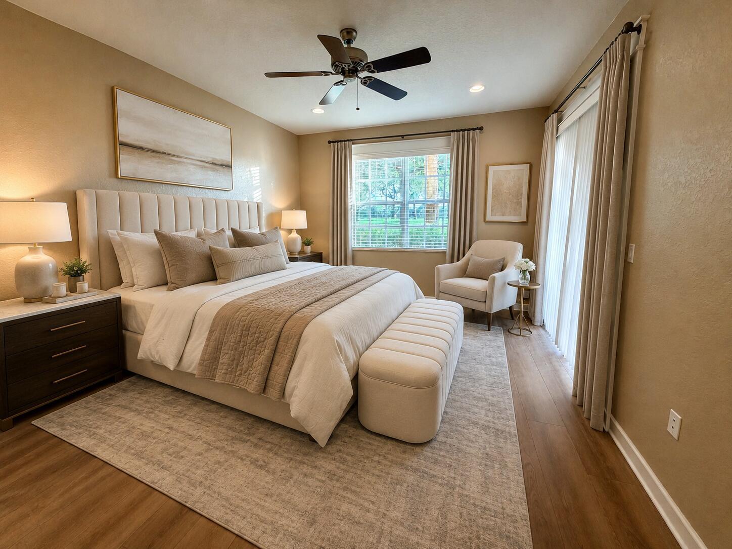 A neutral-toned bedroom features a tufted headboard, a bench, an armchair, and wood flooring — 7911 NW 128th Lane # c, Parkland FL 33076, PARKLAND, FL