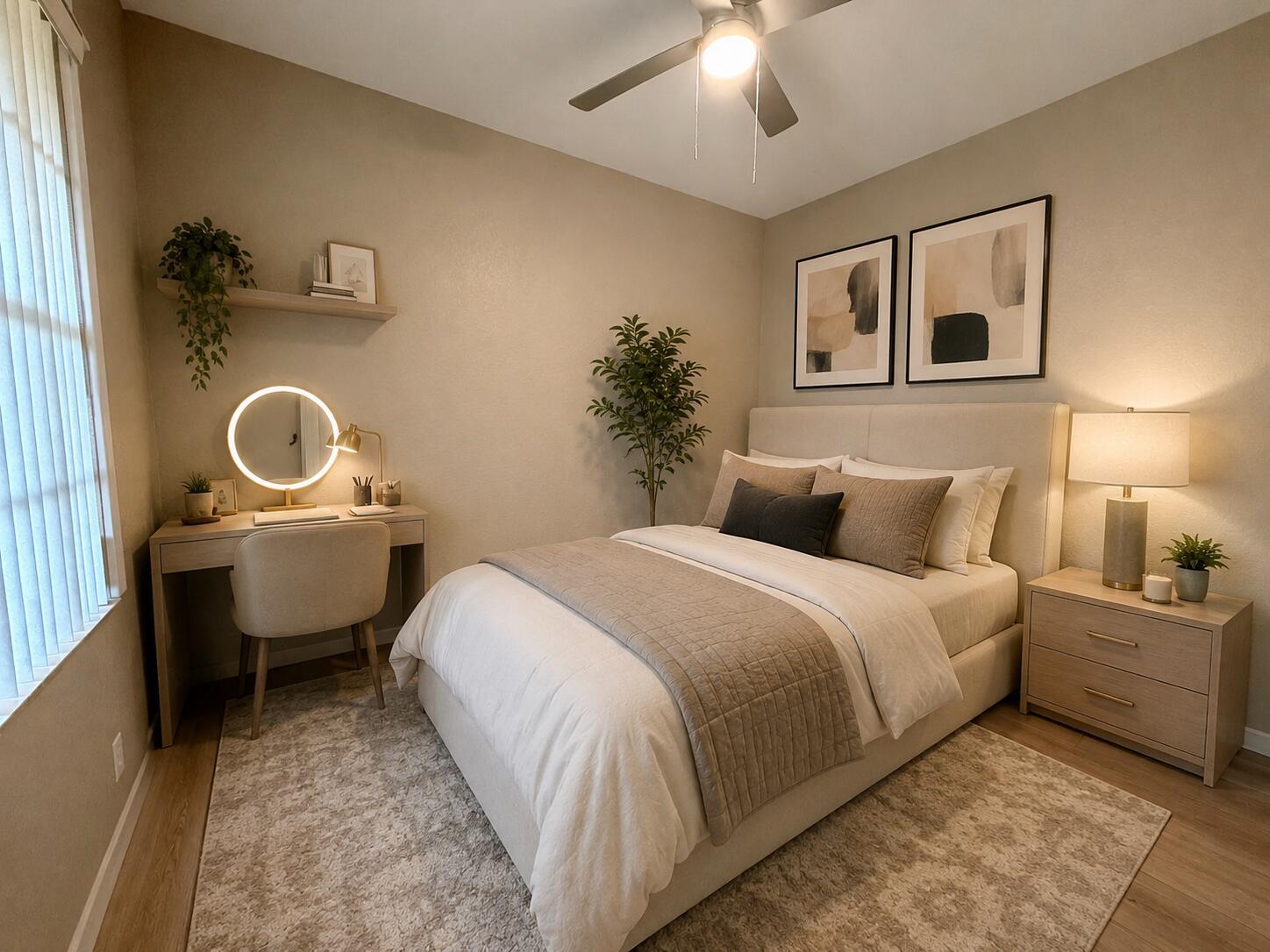 A bedroom features a bed, a desk with a vanity mirror, and neutral-toned decor — 7911 NW 128th Lane # c, Parkland FL 33076, PARKLAND, FL