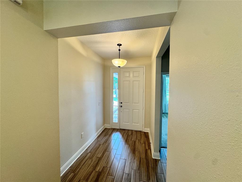 A foyer features wood-look tile flooring, a white front door with sidelights, and a pendant light — 31936 GEOFF WAY, SORRENTO, FL
