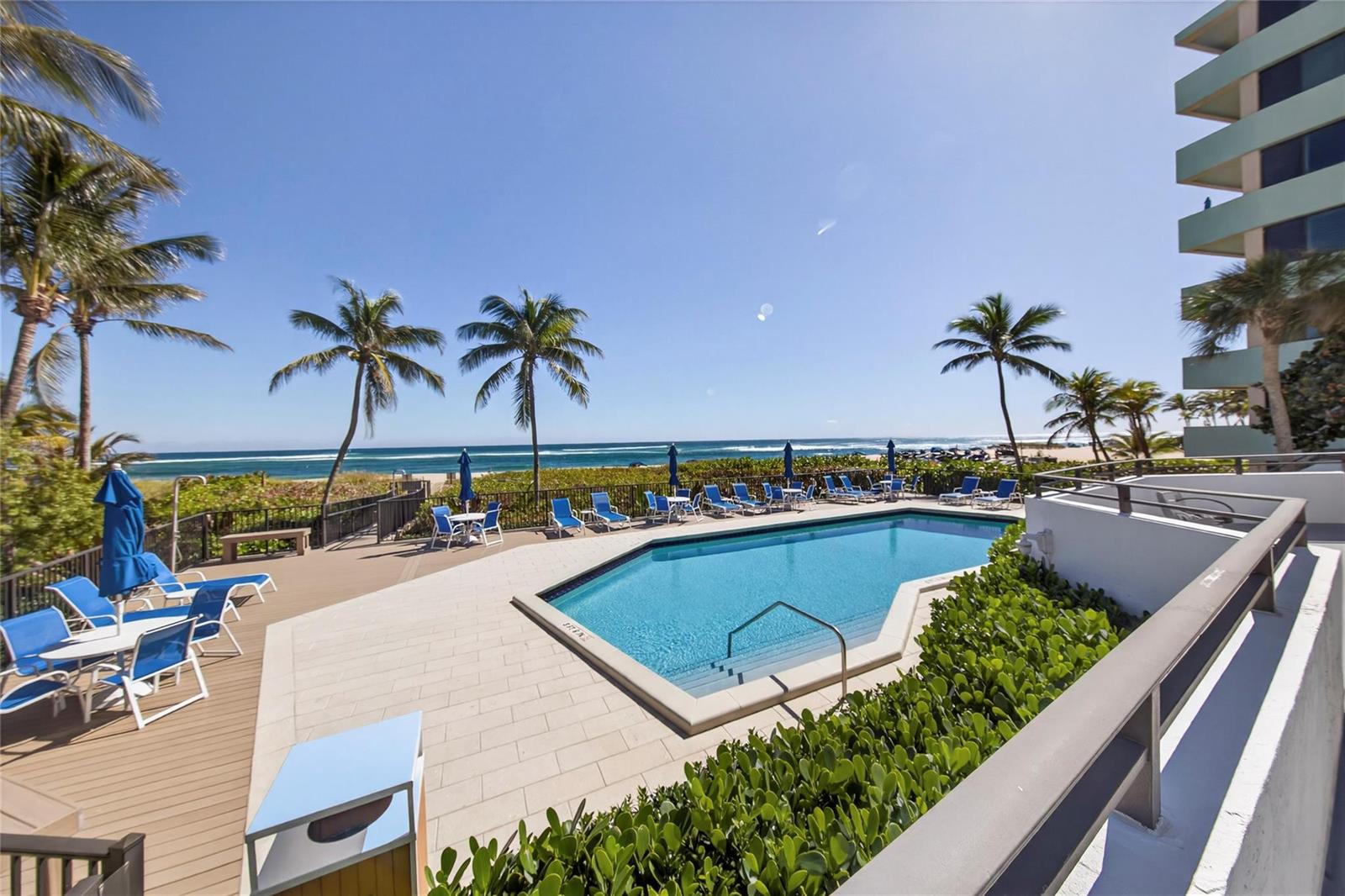 An outdoor swimming pool with lounge chairs and palm trees overlooks the ocean — 1500 N Ocean Boulevard # 203, Pompano Beach FL 33062, POMPANO BEACH, FL