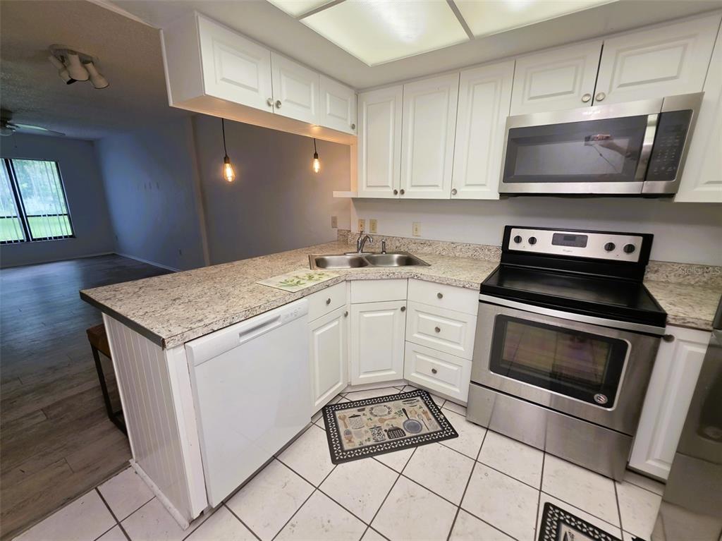 A kitchen features white cabinets, stainless steel appliances, and a granite countertop with a sink — 1781 SAMURAI POINT UNIT P9, LUTZ, FL