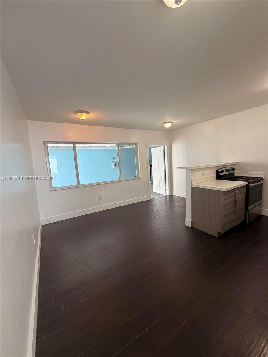 This room features dark wood-look flooring, a kitchen counter, and a large window — 1040 NW 3rd Ave # 5, Miami FL 33136, MIAMI, FL