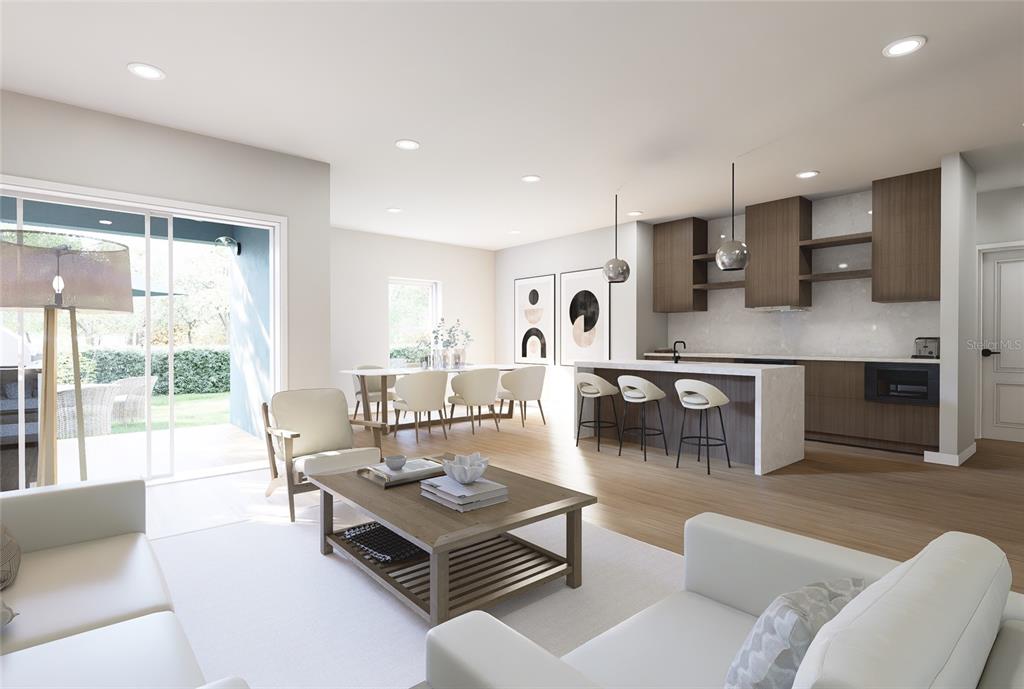 This rendering shows an open-concept living room, dining area, and kitchen with modern finishes — 6805 S ELEMETA STREET, TAMPA, FL