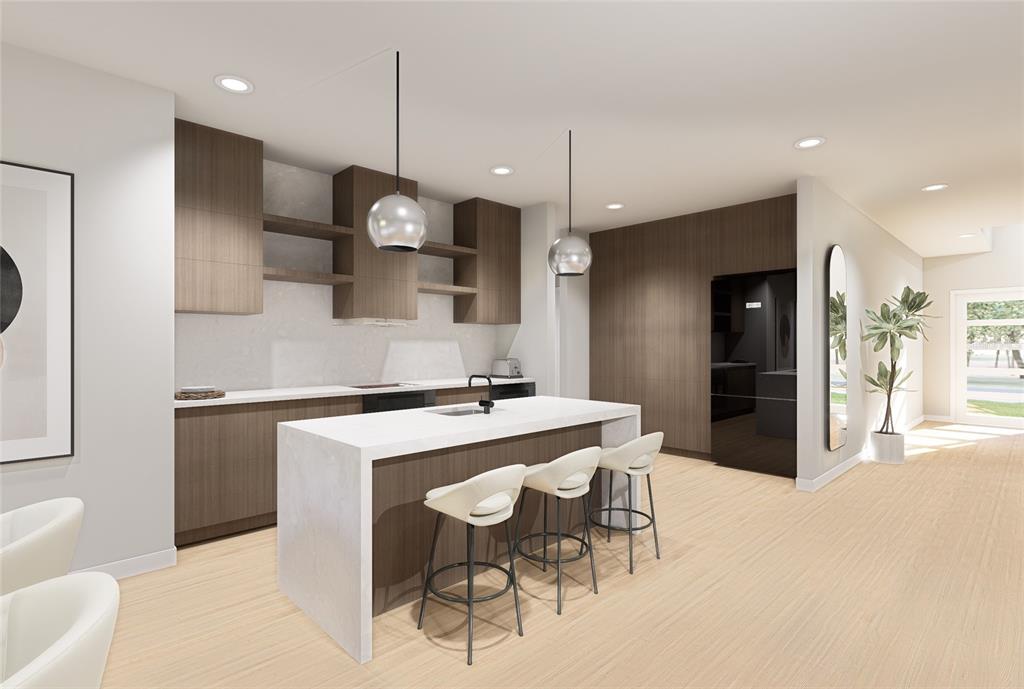 This is a rendering of a modern kitchen featuring wood cabinetry and a white island — 6805 S ELEMETA STREET, TAMPA, FL