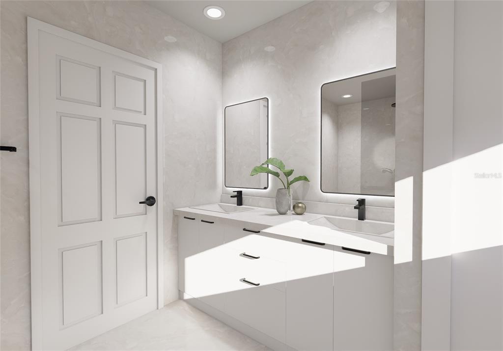 This is a rendering of a modern bathroom with a double vanity and two mirrors — 6805 S ELEMETA STREET, TAMPA, FL
