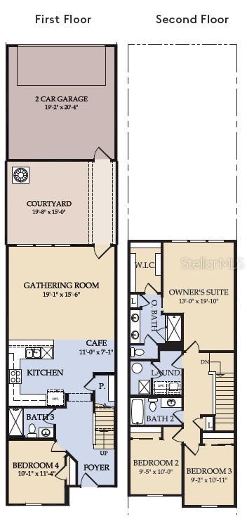 This floor plan shows a two-story home with a garage, courtyard, and four bedrooms — 1139 LEMONGRASS ALLEY, ORLANDO, FL