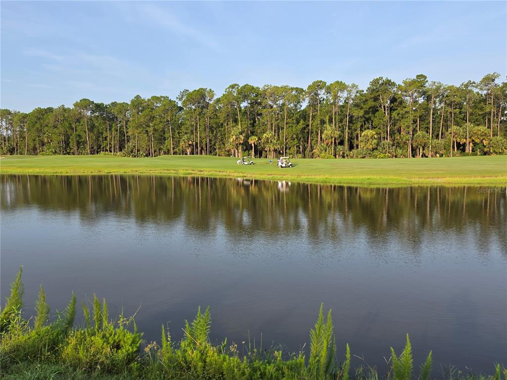 A pond sits in the foreground with a golf course and pine trees in the background — 1013 CHAMPION RIDGE DRIVE, DAYTONA BEACH, FL