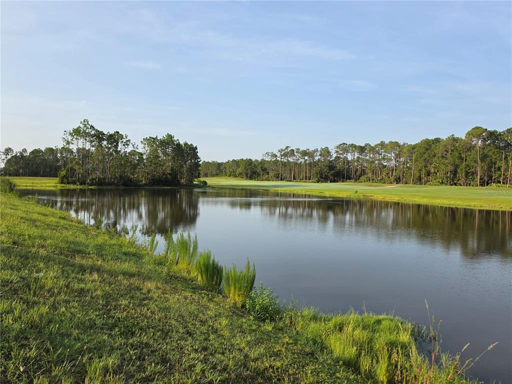 A pond sits in the foreground with a grassy golf course and trees in the background — 1013 CHAMPION RIDGE DRIVE, DAYTONA BEACH, FL