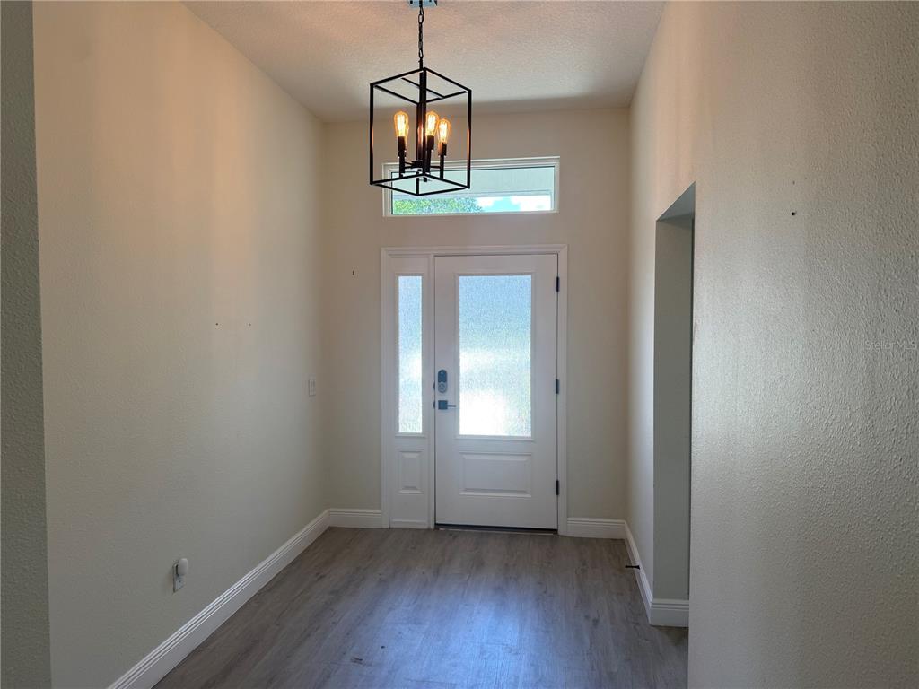 An entryway features a modern black lantern chandelier, light wood-look flooring, and a white front door — 16382 SE 83RD AVENUE, SUMMERFIELD, FL