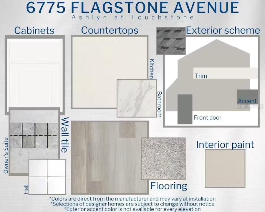 This design board displays samples of cabinets, countertops, flooring, tile, paint, and exterior color schemes — 6775 FLAGSTONE AVENUE, LAKELAND, FL