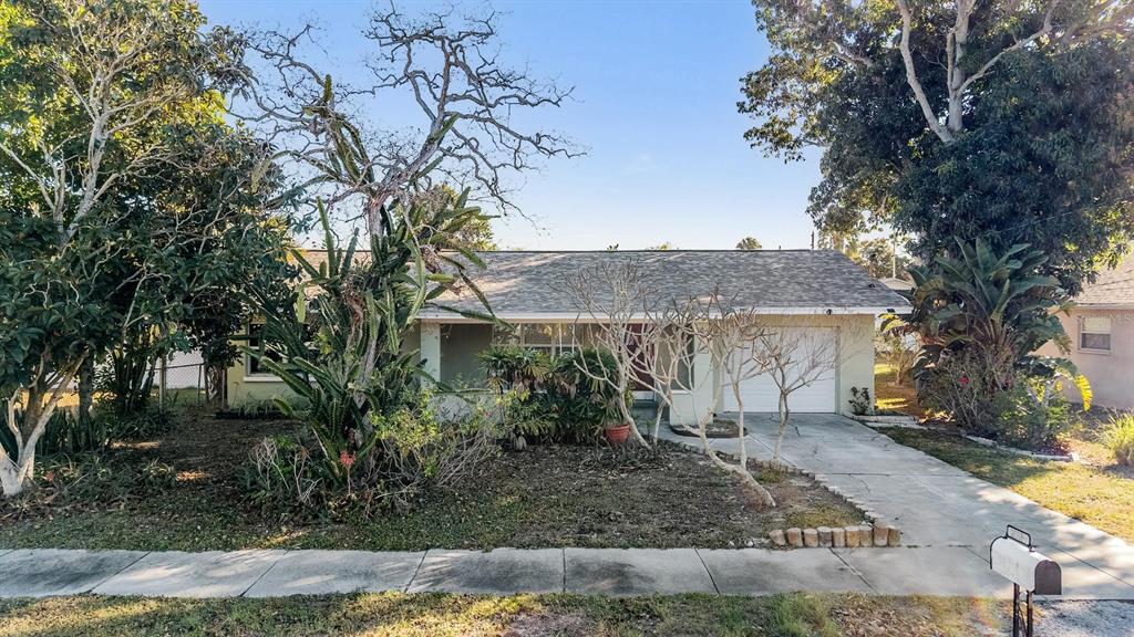 A single-story house with a white garage, a front porch, and mature trees in the yard — 2025 PLAZA DOLORES, CLEARWATER, FL