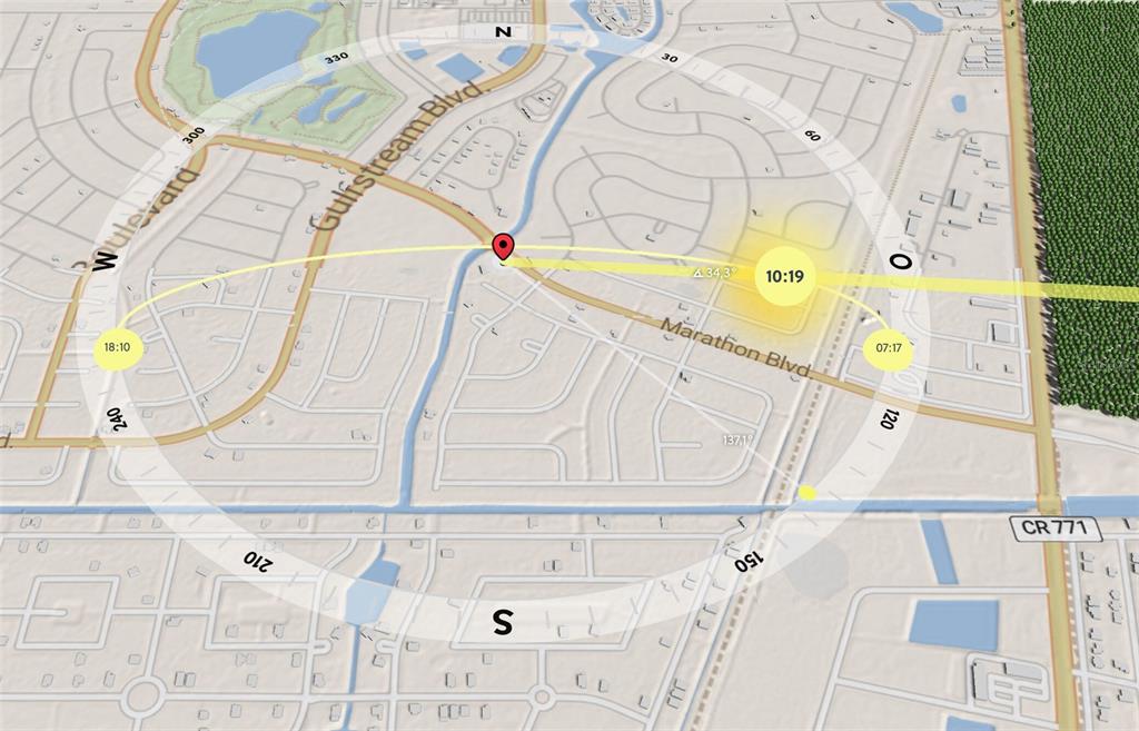 This map shows a sun path overlay centered on a residential street intersection — 13101 MARATHON BOULEVARD, PORT CHARLOTTE, FL