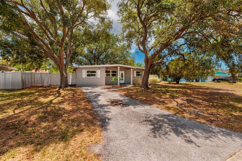 A single-story gray house with a driveway and large trees in the front yard — 5601 CEDAR STREET NE, ST PETERSBURG, FL