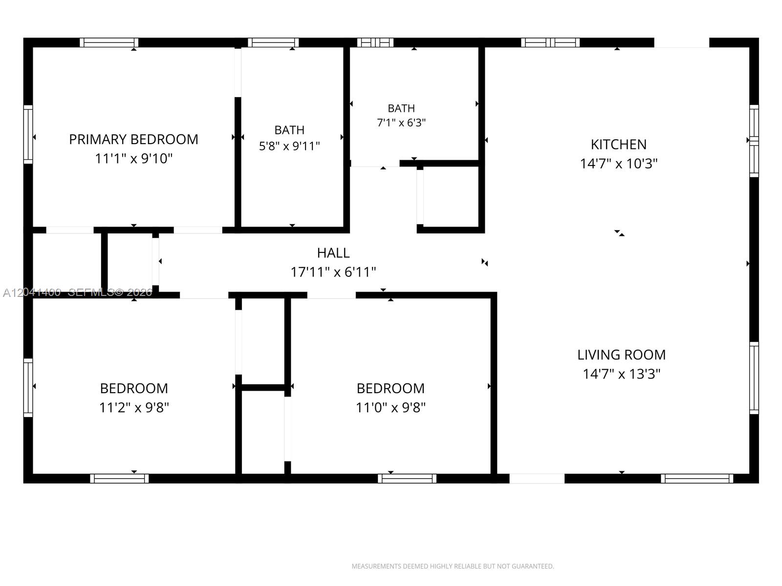 This is a floor plan of a residential unit featuring three bedrooms and two bathrooms — 6039 SW 63rd Ter, South Miami FL 33143, SOUTH MIAMI, FL