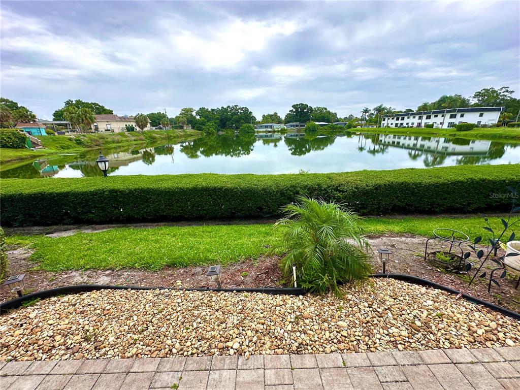 A view of a pond and surrounding buildings from a paved patio with landscaping — 1655 S HIGHLAND AVENUE UNIT J190, CLEARWATER, FL