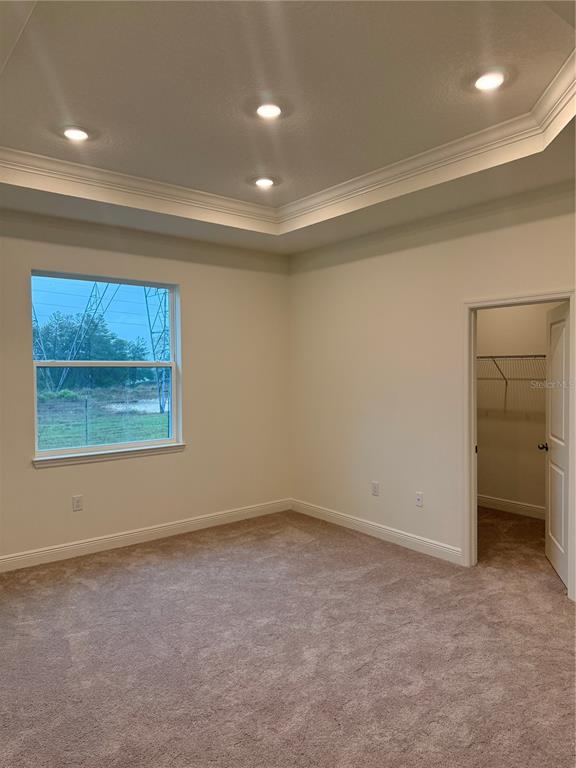 A carpeted bedroom features a tray ceiling with recessed lighting and a walk-in closet — 13412 BREWSTER ROAD, SPRING HILL, FL