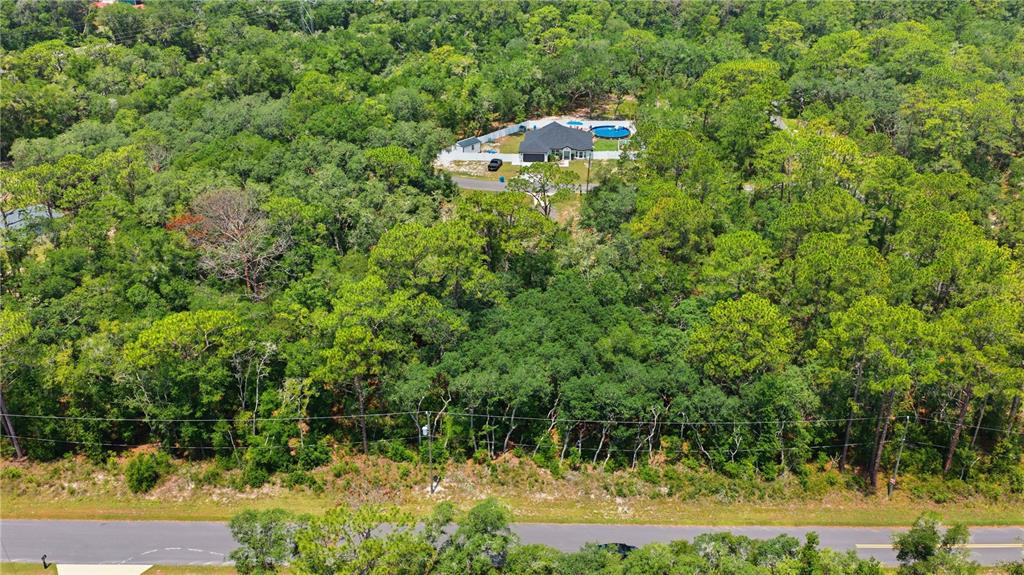 An aerial view shows a house with a pool surrounded by dense woods near a road — TBD LOCUST TERRACE TRAIL Lot 12, OCALA, FL