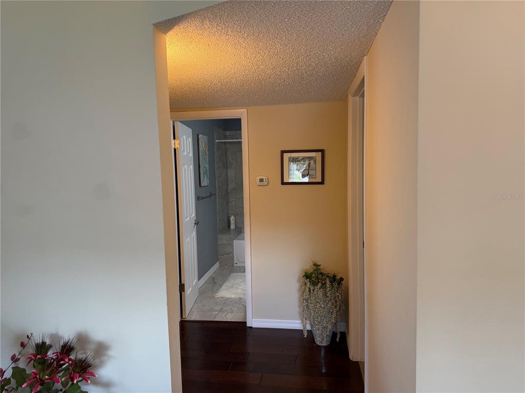 A hallway with dark wood floors leads to a bathroom with gray tiled walls — 2426 ECUADORIAN WAY UNIT 40, CLEARWATER, FL
