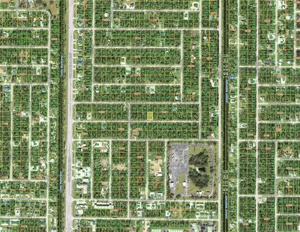 This is a satellite map showing a residential neighborhood with a highlighted vacant lot — 17418 ORION AVENUE, PORT CHARLOTTE, FL