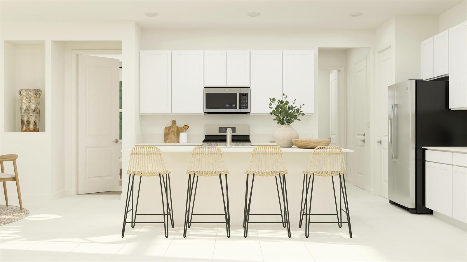 This is a rendering of a modern white kitchen featuring a central island with four stools — 19081 Wood Stork Way, FL 33470, FL