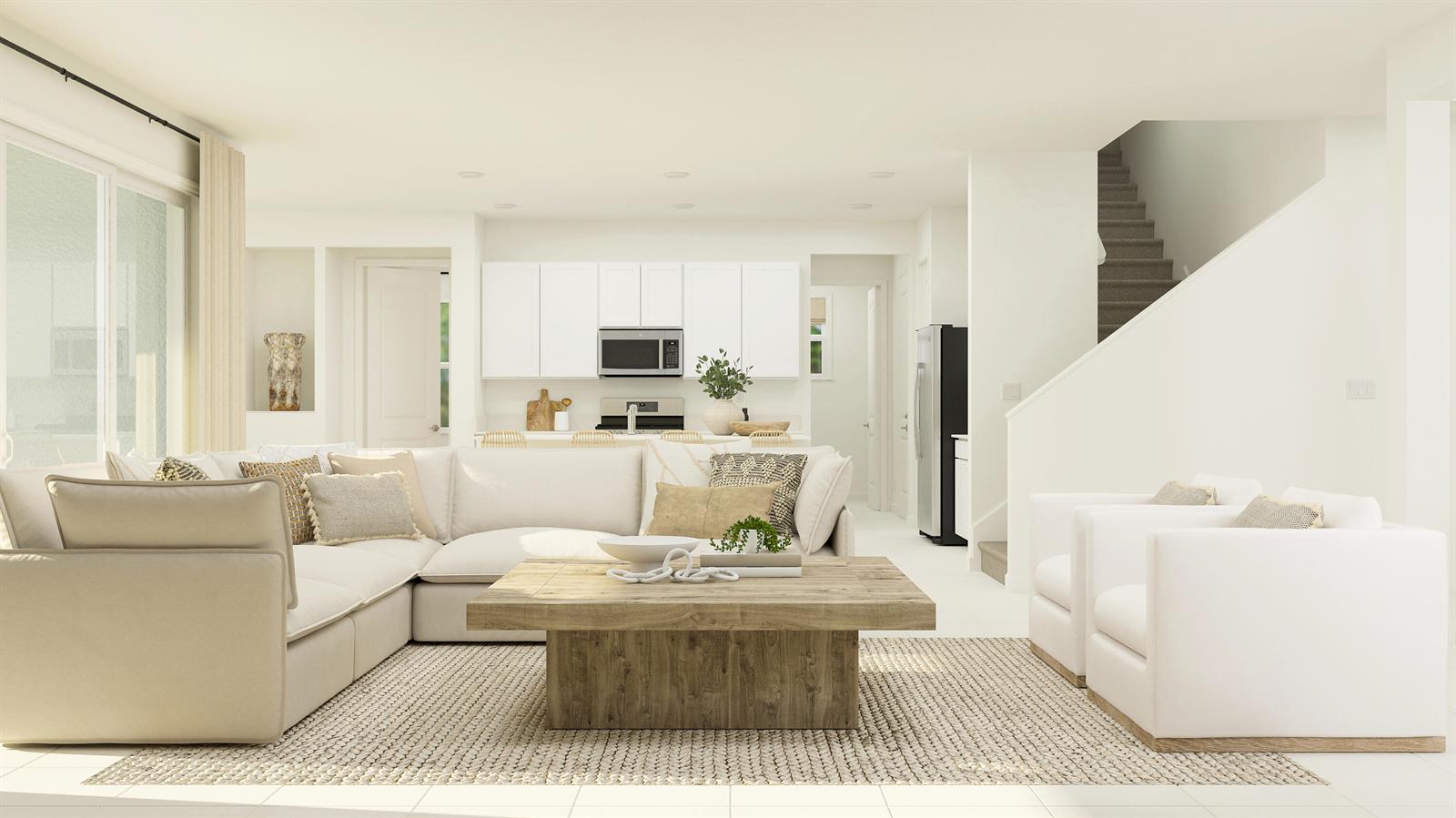 This is a rendering of an open-concept living room featuring a sectional, chairs, and kitchen — 19081 Wood Stork Way, FL 33470, FL