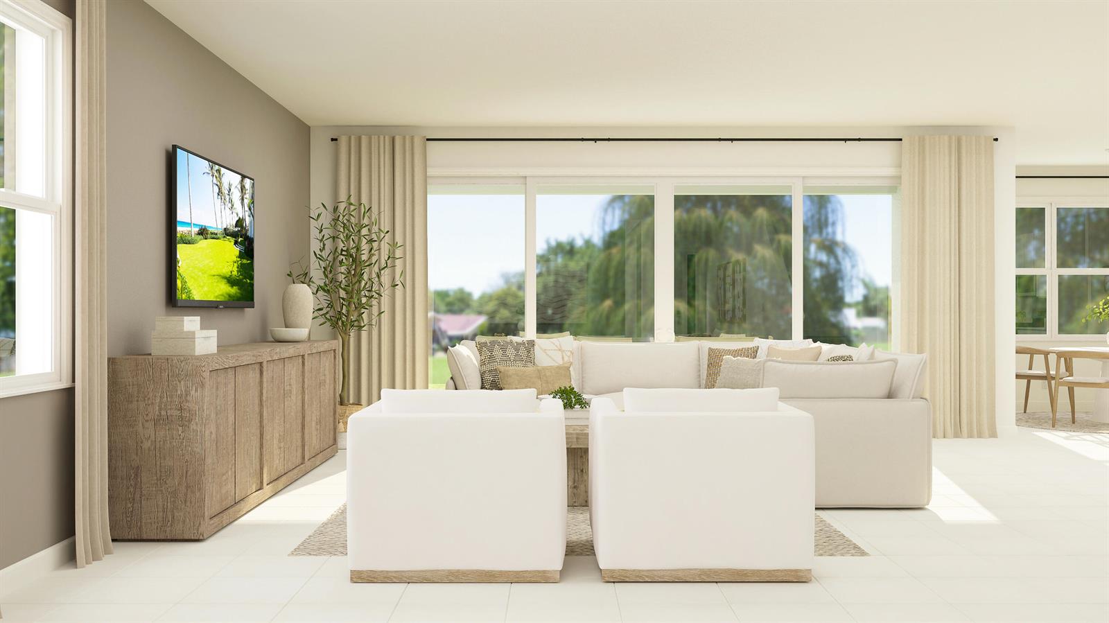 This is a rendering of a living room featuring a sectional, two chairs, and large windows — 19081 Wood Stork Way, FL 33470, FL