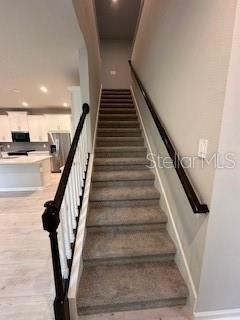 A carpeted staircase with a dark wood handrail leads to an upper floor — 3490 TIMBER CROSSING AVENUE, BRANDON, FL
