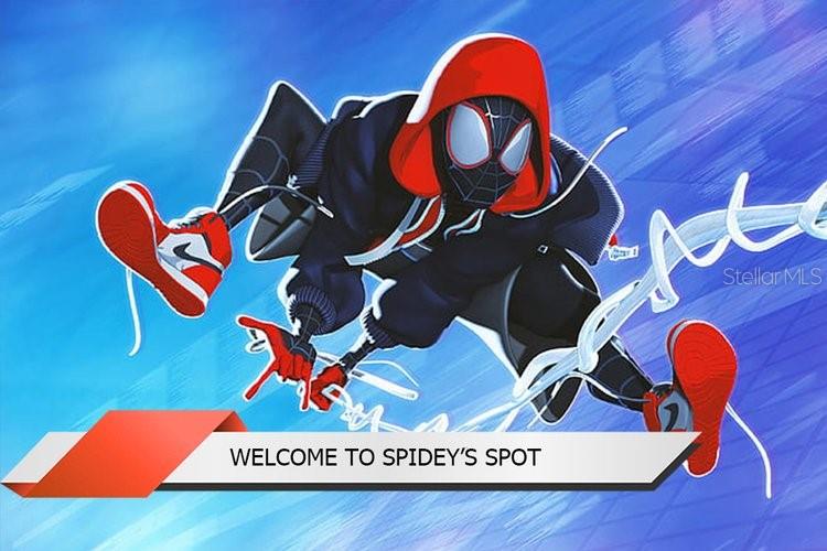 This digital rendering features Miles Morales Spider-Man against a blue background with a text banner — 8125 RESORT VILLAGE DRIVE UNIT 51201, ORLANDO, FL