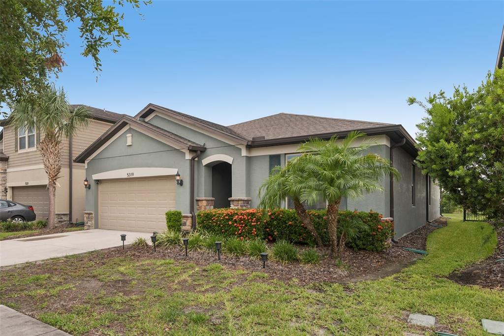 A single-story house with a tan garage, green stucco exterior, and a palm tree in front — 5319 FALLEN LEAF DRIVE, RIVERVIEW, FL